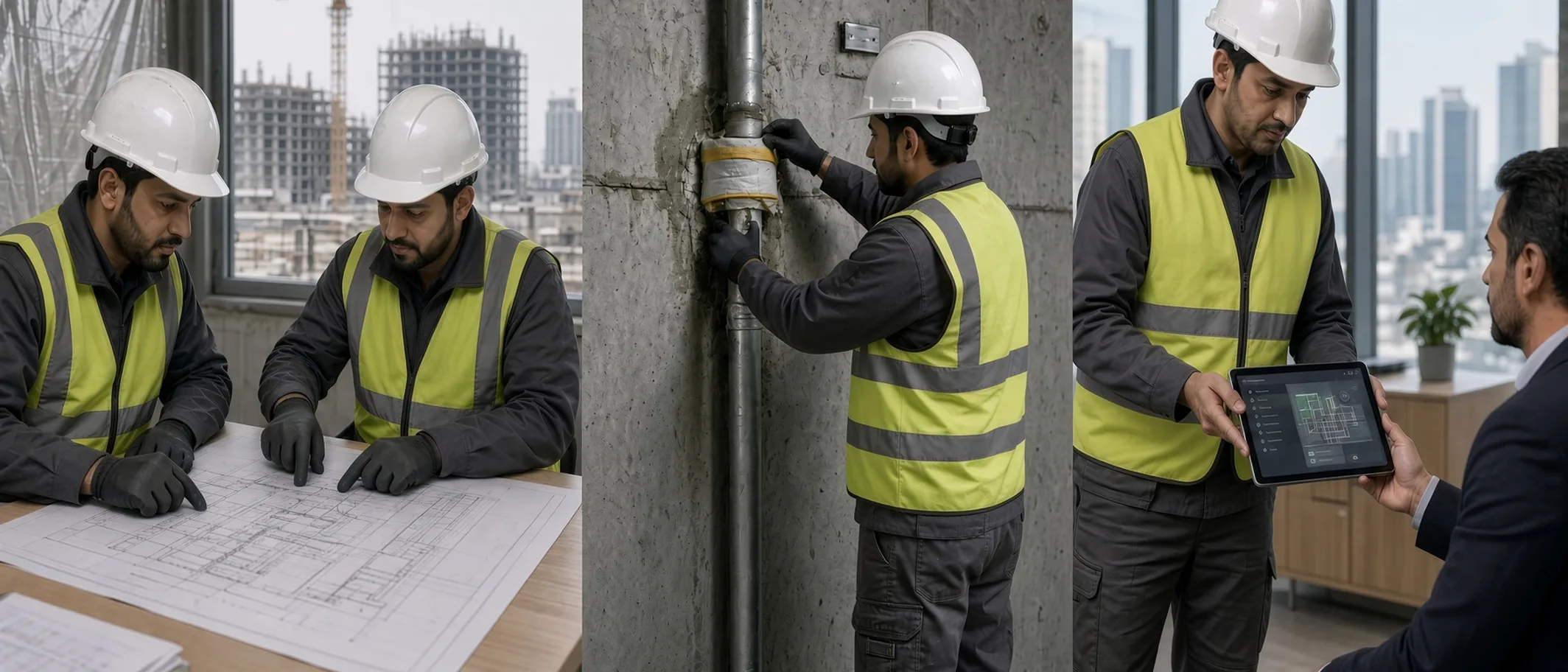 From left: reviewing drawings, installing fire stopping, handing over digital records