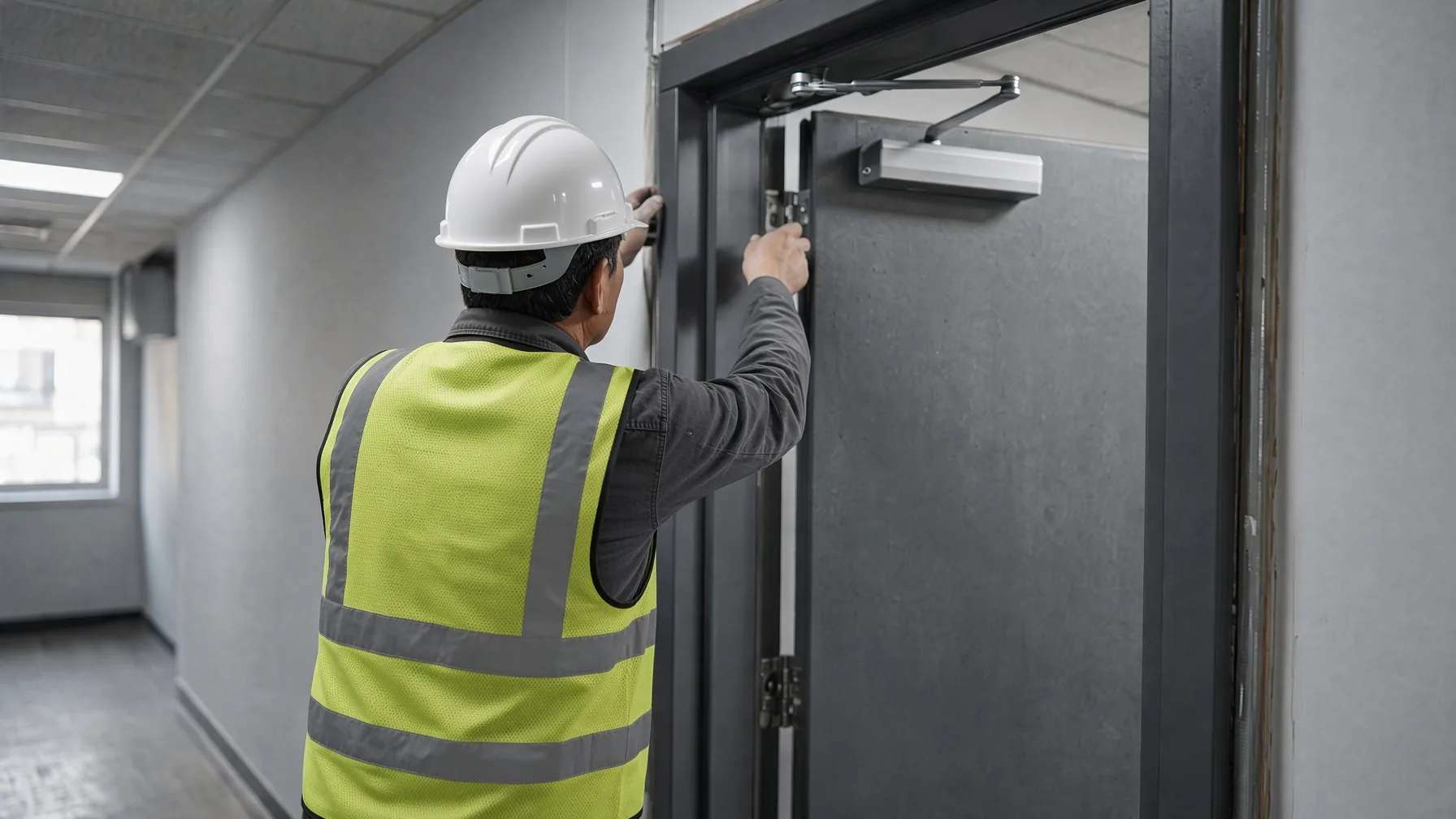 A technician hanging a fire door in a commercial corridor